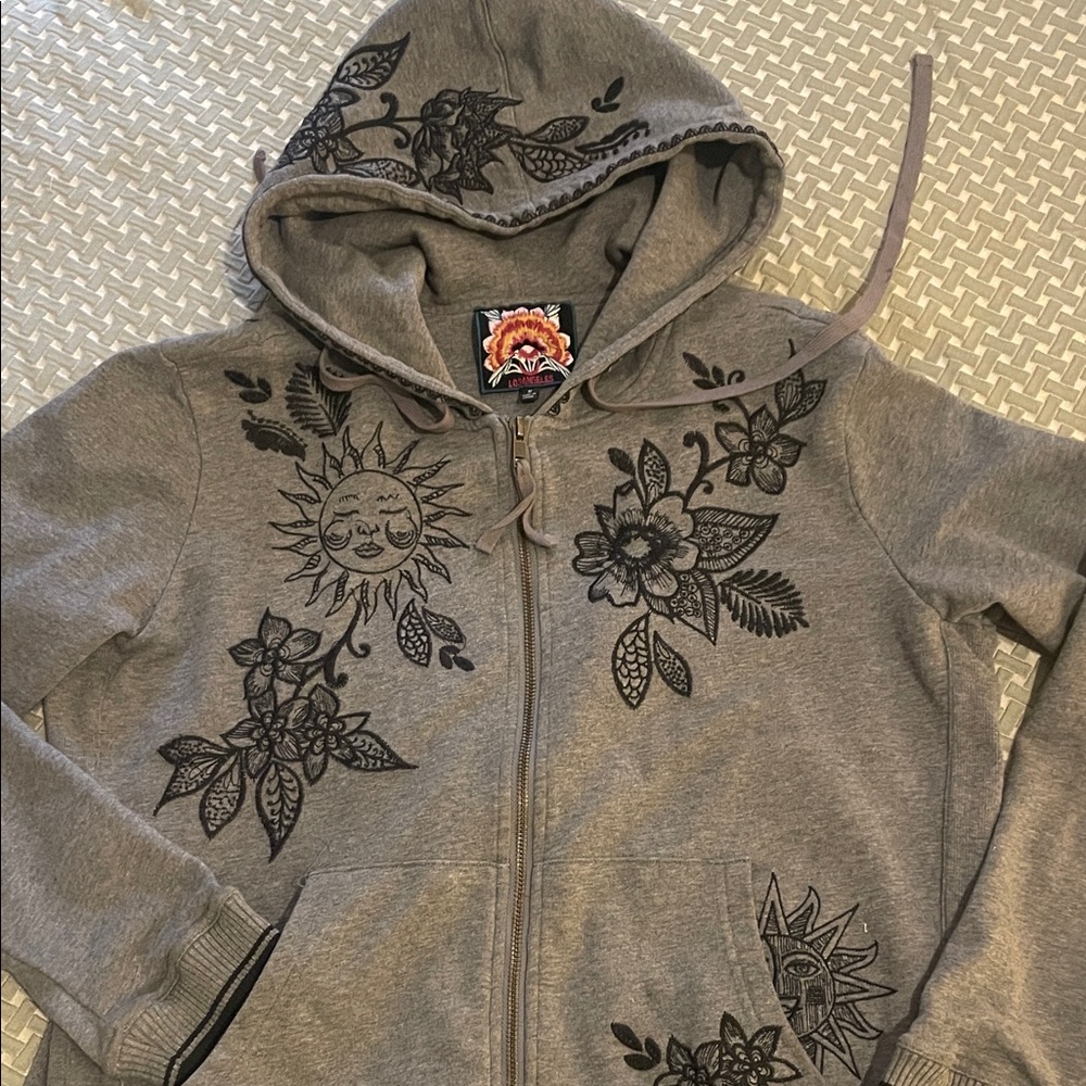 Gray sweatshirt with cool black Embroidered designs Hoodie